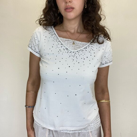 S | Studio Rhinestone white top - Picture 1 of 4